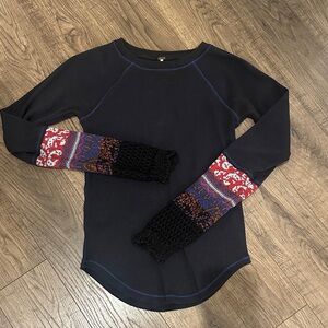 Free People Navy Thermal Knit Top with Multicolor Patterned Crochet Cuffs Small